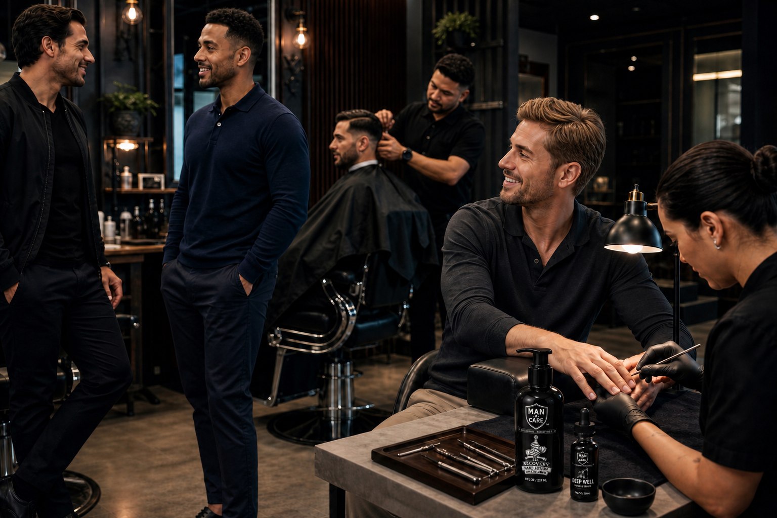Men receiving professional grooming services in a salon