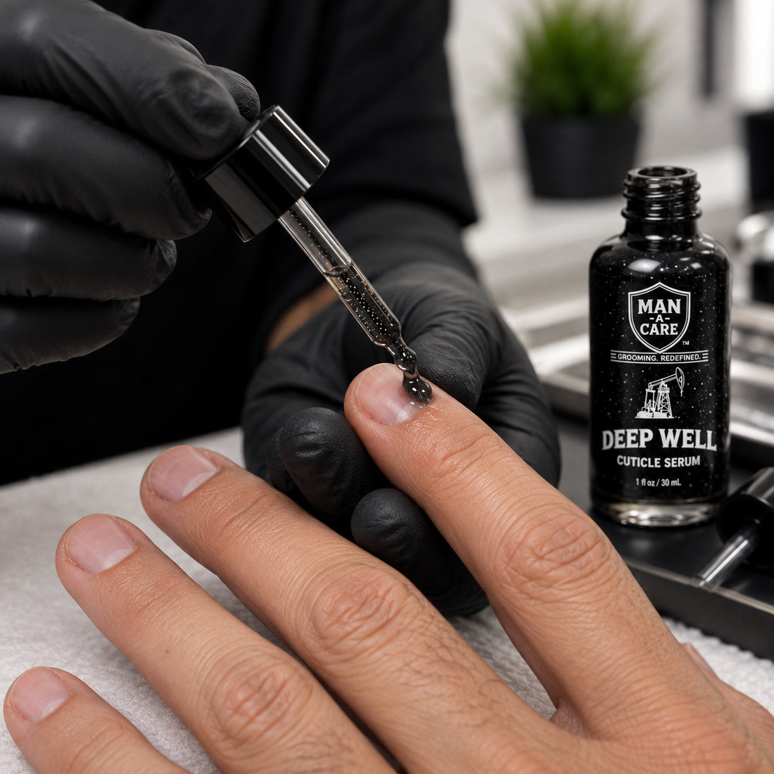 Deep Well cuticle serum applied during a men’s nail-care routine