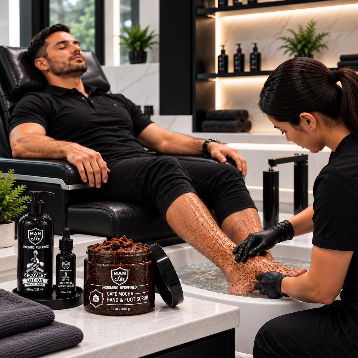 MANACARE scrub used during a professional hand and foot treatment