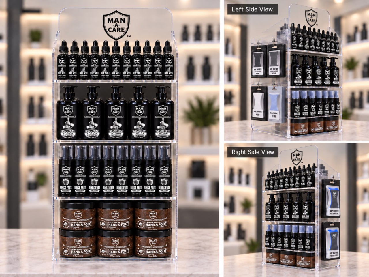 Manacare premium acrylic retail display stocked with the complete product collection